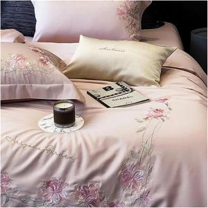 YUSIWOAL Комплект постельного белья из египетского хлопка 100S с цветочной вышивкой Pink