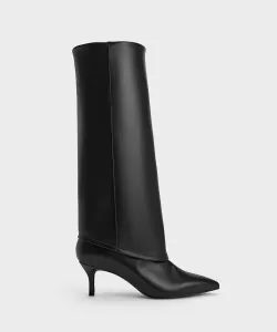 Длинные сапоги на каблуке-рюмочке с острым носком Charles & Keith, цвет Black