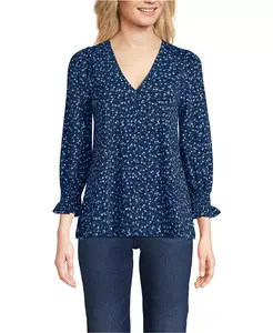 Женская блузка с длиной рукава 3/4 на пуговицах из легкого джерси Lands' End, синий