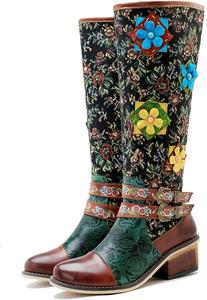 Ручная работа: женские ковбойские и рыцарские сапоги - на высоком каблуке и с плоской подошвой, из натуральной овчины, этнический и винтажный стиль для женщин и девушек Riutiru, Green B