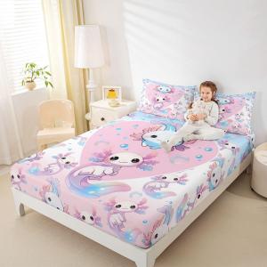 Erosebridal Натяжная простыня с розовыми и голубыми аксолотлями, романтичный дизайн, милый кавай стиль, комплект постельного белья, Pink White Blue