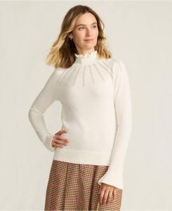 Женский хлопковый свитер с высоким воротником и ажурной отделкой Lands' End, Fresh ivory