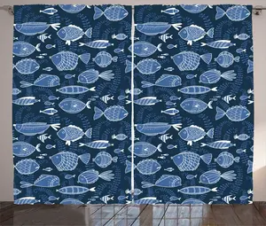 Штора ABAKUHAUS Ocean Rustic, листья тропического мха, универсальные ленточные шторы для гостиной с петлями и крючками, 280 x 245 см, цвет: синий, индиго, королевский синий Abakuhaus