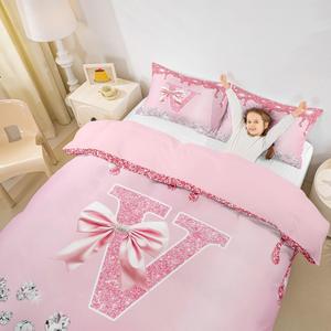Erosebridal Cute Pink Bowknot Duvet Cover Full Personalized Initial V Bedding Set,Cute Bow Monogrammed Bed Cover Coquette Princess Glitter Bed Set, Pink V