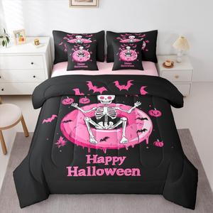 Erosebridal Комплект постельного белья Pink Halloween с узором Sugar Skull от Anthropologie, розовый скелет и тыквы, Black and Pink