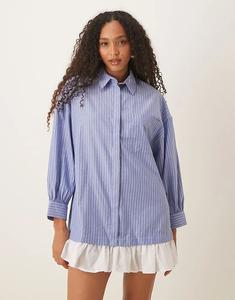 Платье-рубашка мини с длинными рукавами и оборкой на подоле ASOS DESIGN в синюю полоску