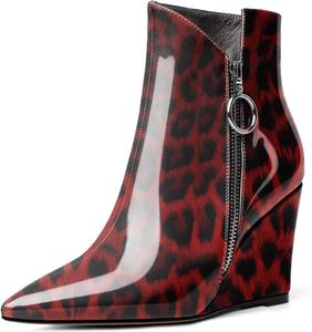 Женские ботильоны Eldof на танкетке с острым носком и молнией, короткие ботинки на каблуке 3,5 дюйма для ходьбы, Patent Leopard Red
