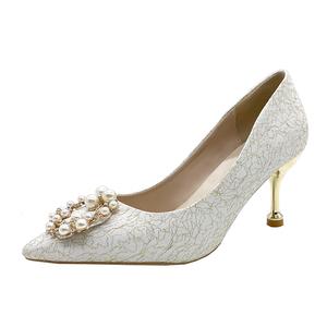 PARK DANCE Блок каблук туфли на шпильке женские канареечно белые с золотой нитью белый тонкий каблук 7 см, цвет Golden Thread White Slim Heel 7cm