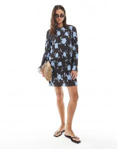 Мини-платье Vero Moda с длинными рукавами и плиссировкой в шоколадно-голубом цветочном узоре