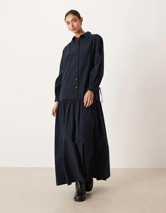 Платье-рубашка макси с длинными рукавами и завязкой ASOS DESIGN темно-синего цвета