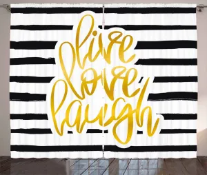 Штора ABAKUHAUS Live Laugh Love в деревенском стиле с текстом в полоску, универсальная ленточная штора для гостиной с петлями и крючками, 280 x 245 см, цвет: черный, белый, земляной, желтый Abakuhaus