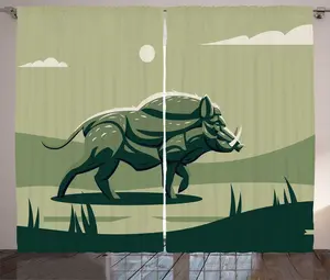 Шторы Finnwal Rustic Curtain, Дикий кабан с клыками, ABAKUHAUS, универсальные, ленточные, с петлями и крючками, для гостиной, 280 x 225 см, цвет: бело-зеленый/охотничий Abakuhaus