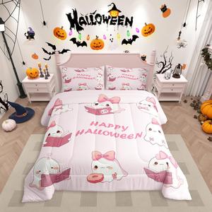 Erosebridal Комплект постельного белья Funny Ghost с розовыми бантами, легкий материал, милый дизайн для девочек, White Light Pink