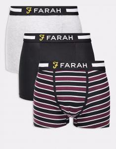 Комплект из 3 трусов-боксеров с жаккардовым поясом и логотипом в полоску, серого и черного цветов Farah