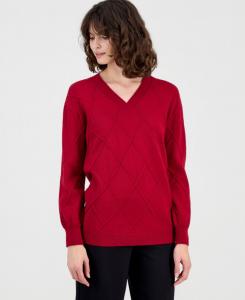 Женский вязаный свитер с V-образным вырезом и ромбовидным узором Anne Klein, Titian Red