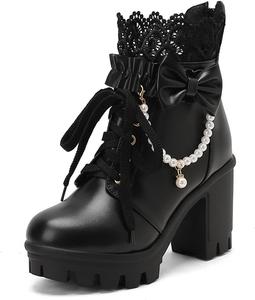 Женские ботильоны с бантом на щиколотке, круглый носок, шнуровка, массивный средний каблук Aikelylmon, 24 Black