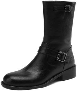 Женские ботильоны TinaCus с круглым носком, боковой молнией и пряжками, выполненные вручную из натуральной кожи, Black