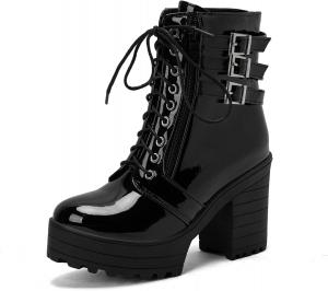 Ботинки из лаковой кожи в стиле милитари с готическим дизайном, массивной платформой, высокими каблуками, ботильоны на шнуровке с круглым носком и боковой молнией, панк-мотоциклетные короткие ботинки для женщин SoundSky, Black