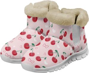 Женские зимние ботинки Biyejit Snow с комфортным теплым мехом, короткие уличные ботильоны на молнии, Cherry Print