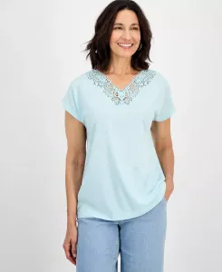 Женская футболка с V-образным вырезом и кружевной отделкой, короткий рукав Style & Co, зеленый