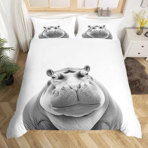 Erosebridal Комплект постельного белья Hippo с принтом гиппопотамов в стиле минимализм, White Grey