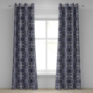 ABAKUHAUS Марокканская штора на люверсах, квадраты с португальским орнаментом азулежу, цветочная композиция и листья, декоративные двухпанельные шторы, 280 см x 245 см, темно-синий бежевый Abakuhaus