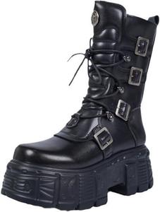Женские готические ботильоны на шнуровке с пряжкой, заклепками, на высоком каблуке, с металлической толстой подошвой и платформой, до середины икры, боевые Lexamen, A Black
