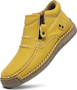 Женские кожаные ручной работы ботинки до щиколотки с боковой молнией, повседневные легкие ботинки средней высоты для хайкинга, удобные нескользящие туфли для вождения и прогулок BOEGBNW, Yellow