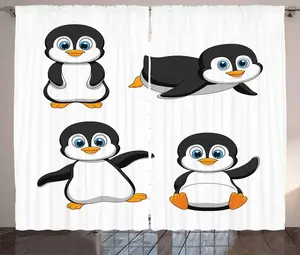 Штора ABAKUHAUS Baby Rustic, с рисунком мультяшного пингвина, универсальная, с петлями и крючками, для гостиной, 280 x 175 см, цвет: черный, синий, оранжевый Abakuhaus