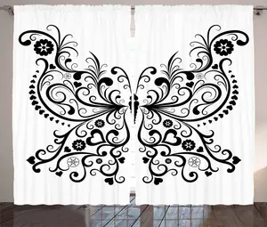 Штора ABAKUHAUS в деревенском стиле с изображением животных, закрученные крылья с цветами, присборенная штора для спальни с петлями и крючками, 280 x 175 см, белая с черным Abakuhaus