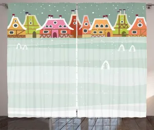 Зимняя штора ABAKUHAUS в деревенском стиле, разноцветные домики в стиле каракулей, универсальные ленточные шторы для гостиной с петлями и крючками, 280 x 225 см, разноцветные Abakuhaus