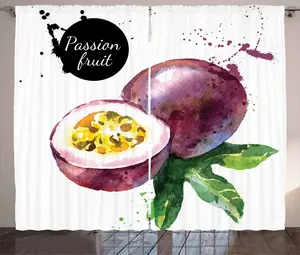 Штора ABAKUHAUS Fruit Rustic с экзотическим акварельным рисунком, универсальная ленточная штора для гостиной с петлями и крючками, 280 x 245 см, фиолетово-зеленый и черный Abakuhaus