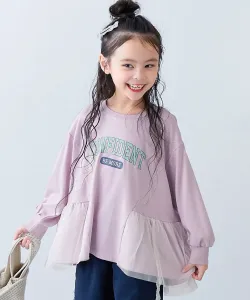 Туника с логотипом и тюлевой каймой, футболка с длинным рукавом, детская одежда, для девочек, с логотипом, весна/лето 2016 Devirock, цвет Ice Pink