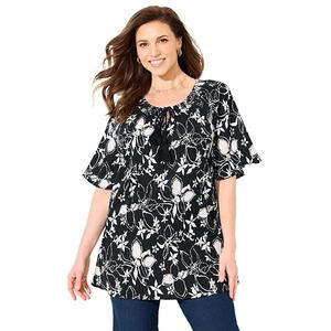 Женская плюс сайз бесшовная крестьянская блузка Catherines, Black Sketch Floral