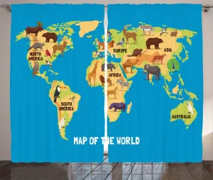 Штора ABAKUHAUS "Сине-белая в деревенском стиле", плоская карта мира, универсальная, для гостиной, с петлями и крючками, 280 x 175 см, цвет: голубой, бледно-оранжевый, коричневый Abakuhaus