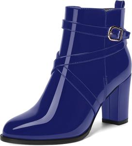 Женские ботильоны MODENCOCO осень-зима с застежкой, модные, из лакированной кожи, с круглым носком, на высоком блочном каблуке 3,5 дюйма, Royal Blue