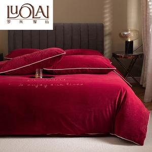 LUOLAI HOME Комплект постельного белья 1,5-спальный, 4 предмета, пододеяльник 200х230 см, простыня на резинке 150х200 см, велюр, винный красный