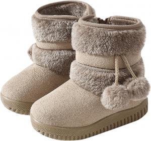 Детские термо-сапожки для девочек с помпонами, милые ботинки с боковой молнией, на флисовой подкладке, теплые ботиночки Generic, Beige