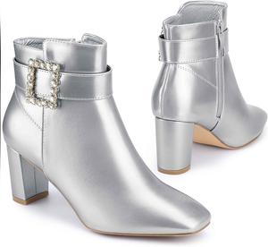 Женские ботильоны Perphy с квадратным носком, массивным каблуком и декором пряжкой со стразами, Silver