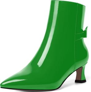 Женские ботильоны MOVINSTEPS с молнией, с бантом из лакированной кожи, с заостренным носком, для вечеринок, модные, с низким каблуком-ступицей, высотой до щиколотки, каблук 2 дюйма, Green