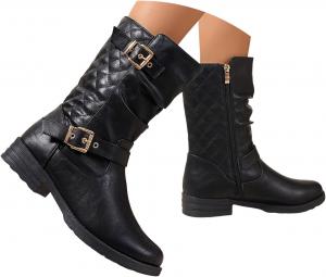 Generic Женские мотоциклетные ботинки 2025 года, удобные, модные, черные, до середины икры, низкий устойчивый каблук, с боковой молнией, пряжками, круглый носок, осень-зима, кожаные, для широкой икры, противоскользящие, для ходьбы