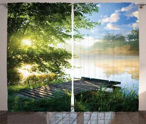 Шторы ABAKUHAUS Natural Rustic, Рыбацкий пирс на реке, универсальные ленточные шторы для гостиной с петлями и крючками, 280 x 245 см, зеленый, белый, синий Abakuhaus
