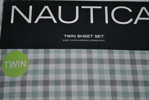 Nautica Комплект постельного белья Twin (Millwood), зелено-серо-белая клетка, в комплекте: простыня, пододеяльник, наволочки, простой уход