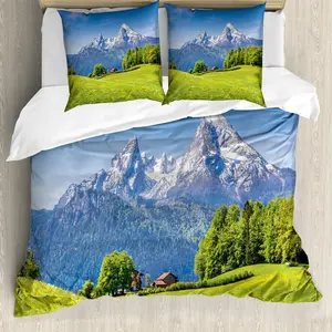 Пододеяльник ABAKUHAUS Europa, с цветущими цветами и листвой, с защитой от клещей, подходит для аллергиков, с наволочками, 200 x 200 см - 80 x 80 см, зеленый/голубой Abakuhaus