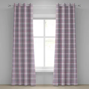 Клетчатая штора на люверсах ABAKUHAUS, дизайн с рисунком старинной одежды и ретро-рекламой в английской культуре, декоративные двухпанельные шторы, 280 см x 225 см, цвет: фиолетовый, светло-голубой Abakuhaus