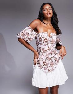 Мини-платье ASOS LUXE из жаккарда с открытыми плечами и плиссированной поплиновой юбкой с цветочным гобеленовым узором