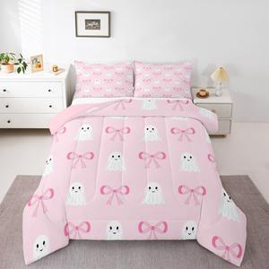 Erosebridal Комплект постельного белья Happy Halloween с кавайными привидениями и розовыми бантами в мультяшном стиле, Pink White