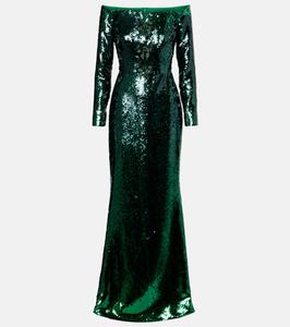 Платье с открытыми плечами, расшитое пайетками Elie Saab, Gradient Green