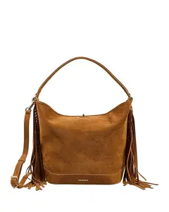 Сумка-Ведро из замши с бахромой Sandro, бежевый