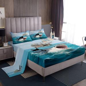Erosebridal Комплект постельного белья Black Cat Shark Sheet Set для детей с морским принтом акул и котят, Blue Black